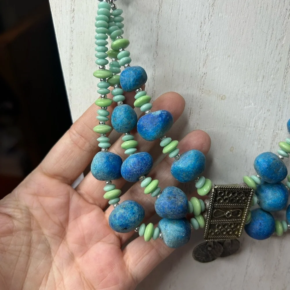 Vintage Boho Turquoise & Mint Chunky Layered Clay Bead & Coin Statement Necklace